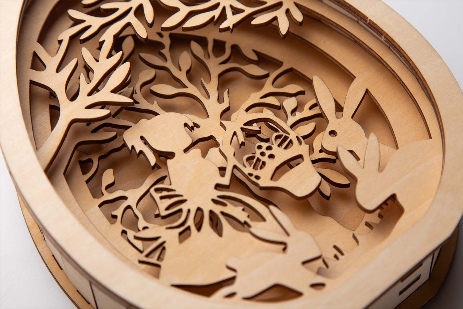 Full view of assembled layered laser cut Easter egg decorations showing the complete design.