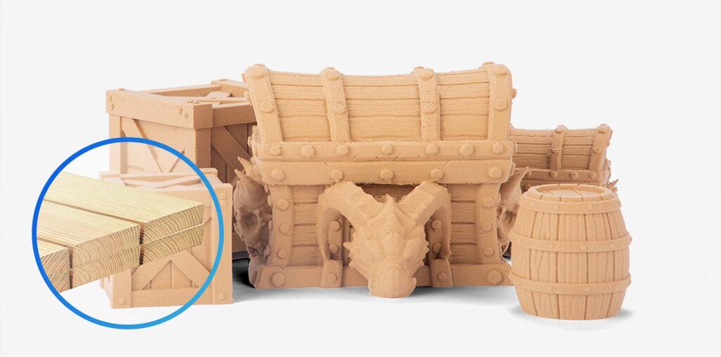 3D-printed miniature structure made from wood filament with intricate design details.